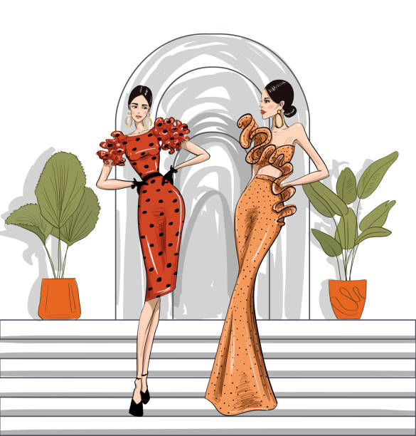 hand drawn fashion women in couture dresses Fashion illustration Long dress Catwalk. haute couture stock illustrations