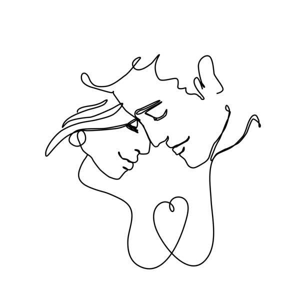illustrazioni stock, clip art, cartoni animati e icone di tendenza di linea continua arte uomo e donna cuore - couple kiss