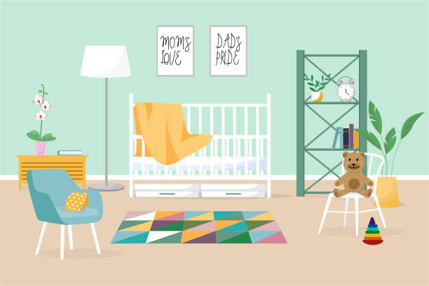 stockillustraties, clipart, cartoons en iconen met interieur van een moderne kinderkamer. vector banner. ontwerp van een gezellige kamer met een box, een fauteuil, meubels, speelgoed en decorartikelen. - babybox