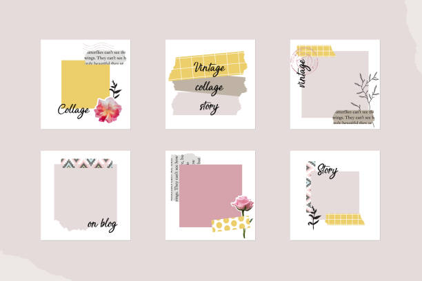 ilustrações de stock, clip art, desenhos animados e ícones de instagram social media story post feed template. minimal background layout mockup in pastel pink yellow color, light spring summer vector. in vintage retro collage style. for beauty, fashion content - composite flower