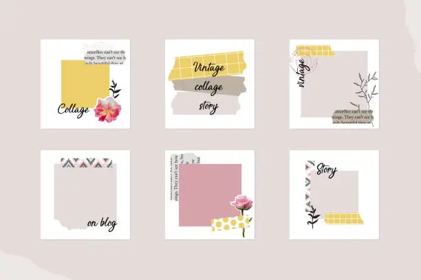 Vector illustration of Instagram social media story post feed template. minimal background layout mockup in pastel pink yellow color, light spring summer vector. in vintage retro collage style. for beauty, fashion content