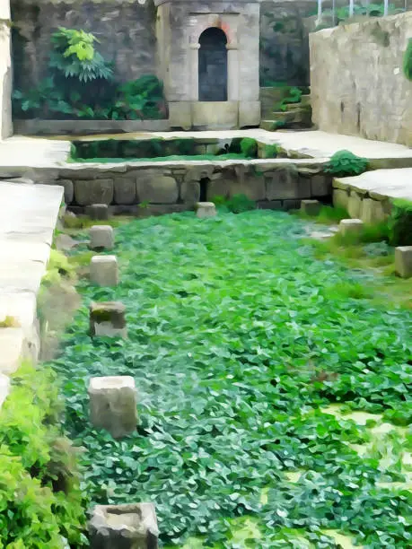 Old fountain interesting low surfaces with green ground plants illustration inside a really oldest area with old stairways and various old rock ground levels made from a real photography 2019-02. Unused area in province city.
