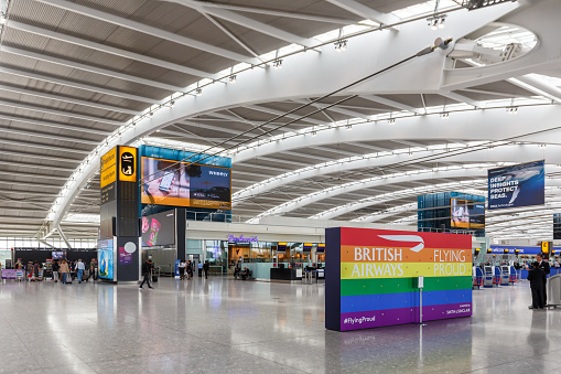London, United Kingdom - July 9, 2019: British Airways Terminal 5 at London Heathrow Airport (LHR) in the United Kingdom.