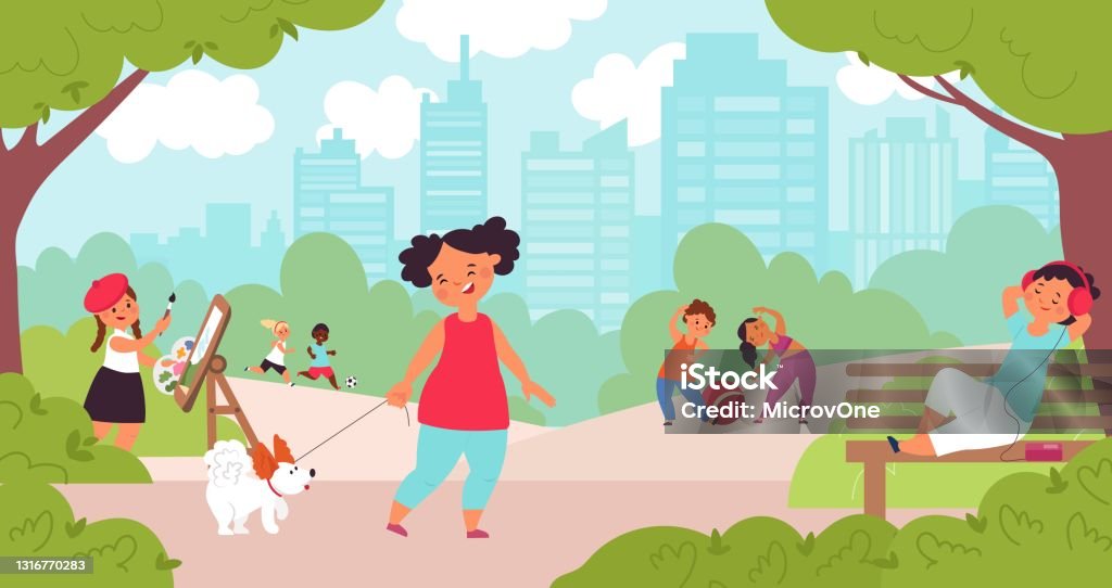 Ilustración de Actividades Del Parque Para Niños Parque Infantil Jugar Al Fútbol Y Cachorro Al Aire Libre Dibujos Animados Niños Vacaciones De Verano Jardín De Infantes A Pie Concepto Vector Decente y Ilustración de Actividades Del Parque Para Niños Parque Infantil Jugar Al Fútbol Y Cachorro Al Aire Libre Dibujos Animados Niños Vacaciones De Verano Jardín De Infantes A Pie Concepto Vector Decente y