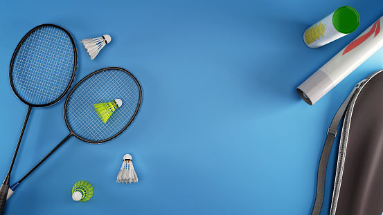 Badminton set with blue background.