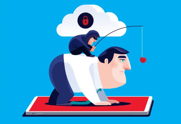 Vector illustration of hacker guiding businessman with heart symbol via unsafe cloud computing