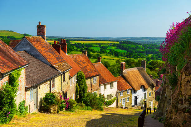Sun drenched cottages on the iconic Gold Hill Shaftesbury, Dorset, sun drenched cottages on the iconic Gold Hill where Ridley Scott shot the famous Hovis advert dorset england photos stock pictures, royalty-free photos & images