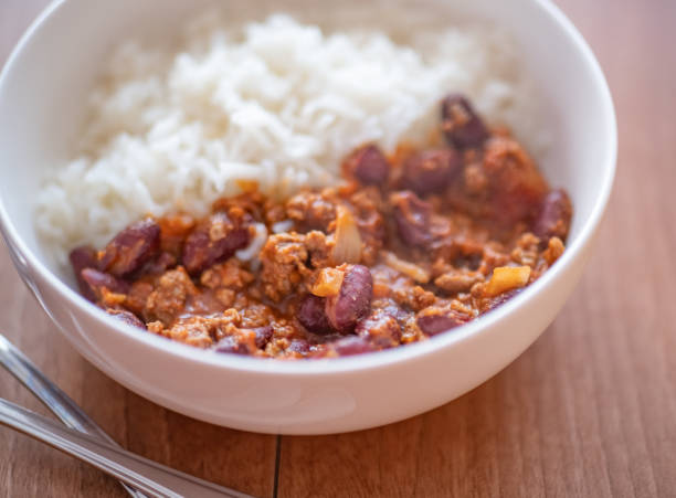istock Bowl of home made chili and rice 1316772541