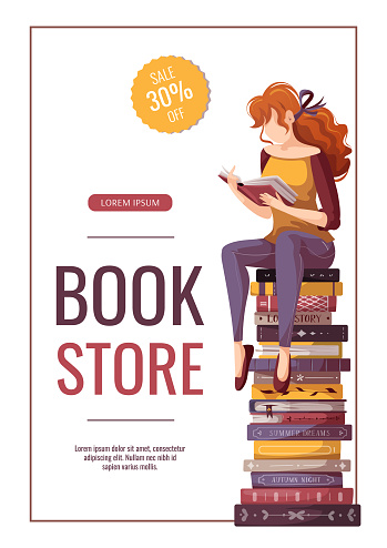 Woman reading book. Bookstore, bookshop, library, book lover, bibliophile concept. A4 vector illustration for poster, banner, flyer, cover, advertising.