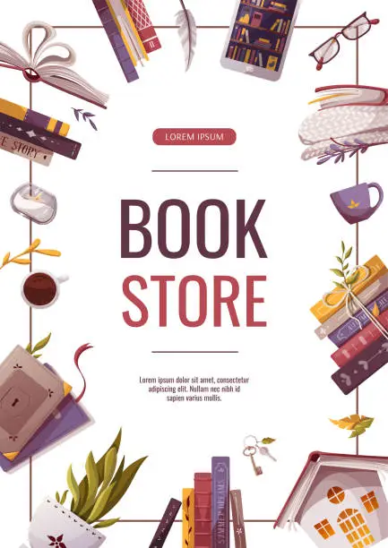 Vector illustration of Promo flyers for bookstore, bookshop, library, book lover, e-book, education.