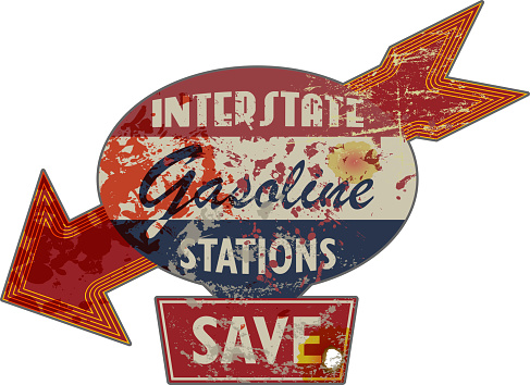 vintage rusty gas station sign route 66 grungy retro style vector illustration. No commercil reference fictional artwork.