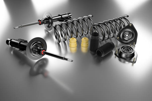 Passenger car Shock Absorber with dust cap, buffer mounting and strut mounting. 3D rendering. Passenger car Shock Absorber with dust cap, buffer mounting and strut mounting - new auto parts, spare parts. Spare parts for shop, aftermarket OEM. 3D rendering. shock absorber stock pictures, royalty-free photos & images