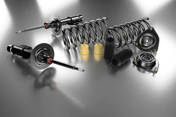 Passenger car Shock Absorber with dust cap, buffer mounting and strut mounting - new auto parts, spare parts. Spare parts for shop, aftermarket OEM. 3D rendering.