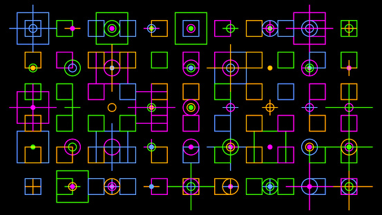 Grid of squares, circles and crosses.