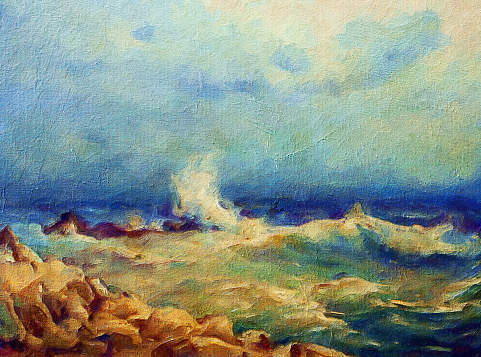 Oil painting showing big waves during the storm on the sea.