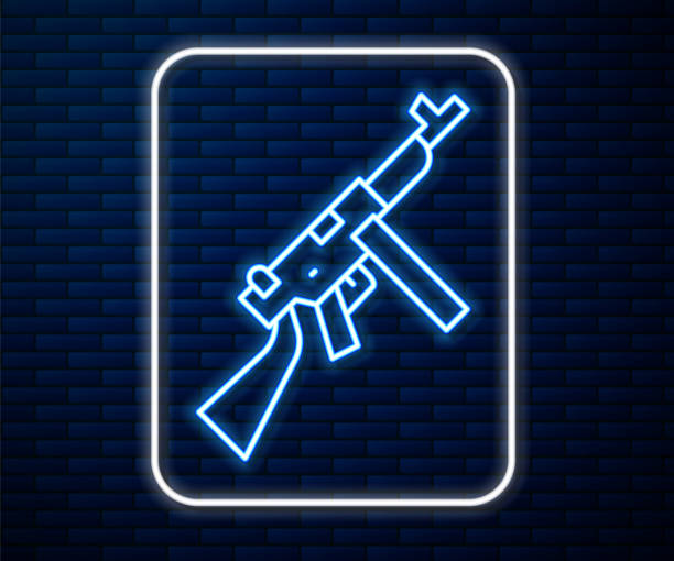 ilustraciones, imágenes clip art, dibujos animados e iconos de stock de brillante línea de neón thompson tommy submachine icono de la pistola aislada en el fondo de la pared de ladrillo. subametralladora americana. vector - tommy gun