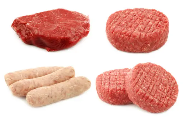 fresh raw minced meat for making hamburgers, some sausages (bratwurst) and a piece of fresh beefsteak on a white background