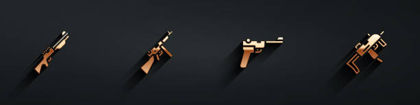 ilustraciones, imágenes clip art, dibujos animados e iconos de stock de establece el icono de la subametralladora de caza, tommy, mauser y mp9i con sombra larga. vector - tommy gun