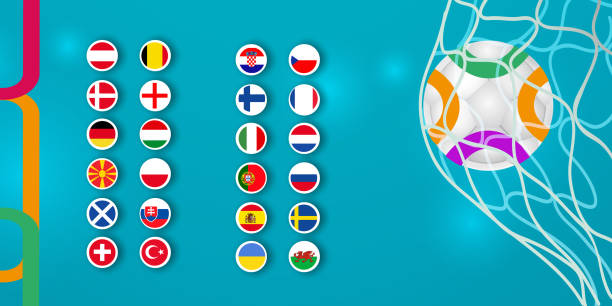 축구 대회에 참가하는 국가 그룹 2020/2021, 파란색 배경에 벡터 일러스트 - world cup stock illustrations
