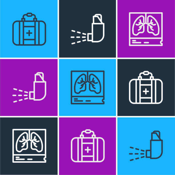 ilustraciones, imágenes clip art, dibujos animados e iconos de stock de establezca el kit de primeros auxilios de línea, la radiografía de pulmones y el icono del inhalador. vector - x ray x ray image chest human lung