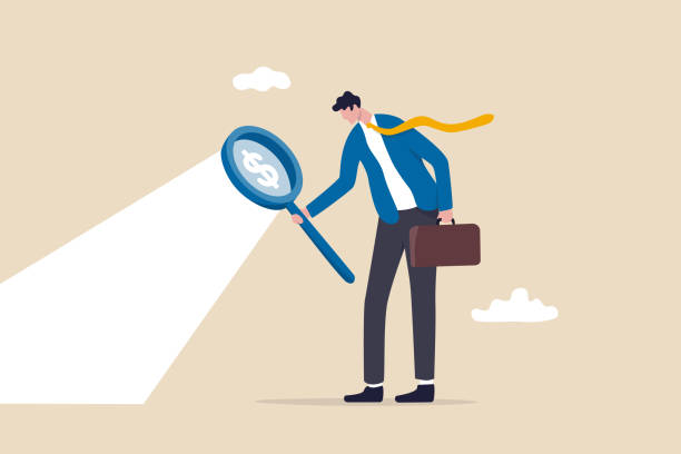 ilustrações de stock, clip art, desenhos animados e ícones de searching for investment opportunity, stock market research or hidden cost and expense concept, businessman looking through magnifying glass to see dollar money sign search for money. - hide