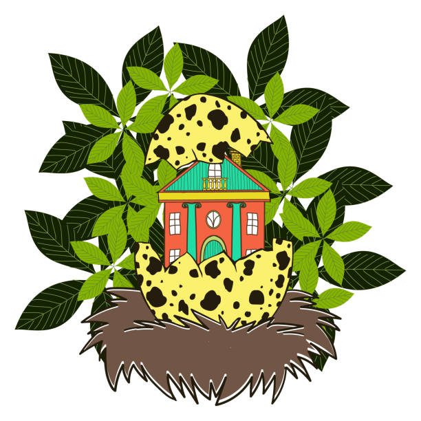 haus in einem vogelnest. vogelnest ist aus kleinen zweigen aus holz auf weißem hintergrund isoliert gewebt. - bush bird tree wood stock-grafiken, -clipart, -cartoons und -symbole