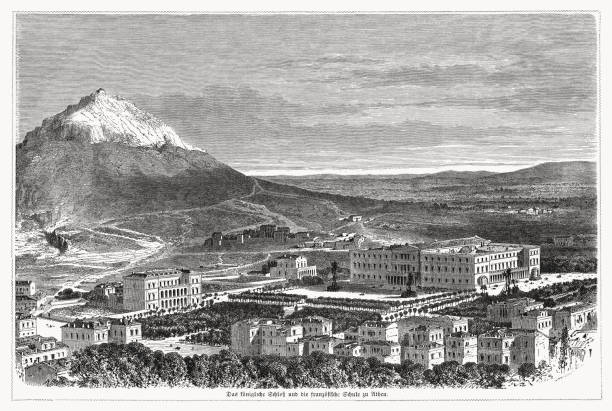 istock Historical aerial view of Athens, Greece, wood engraving, published 1868 1316792625