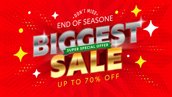 Banner template with biggest super sale special offer. Discount up to 70 percent price off to end of season. Marketing shopping campaign advertising. Wholesale announcement. Vector illustration