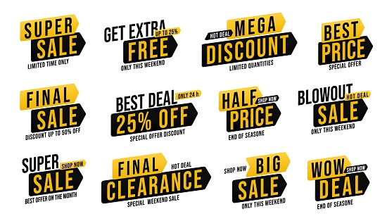 Super sale blowout promotion sticker big set with wow deal. Get extra free up to 25 percent off badge, best and half price label, special offer discount tag for marketing campaign vector illustration