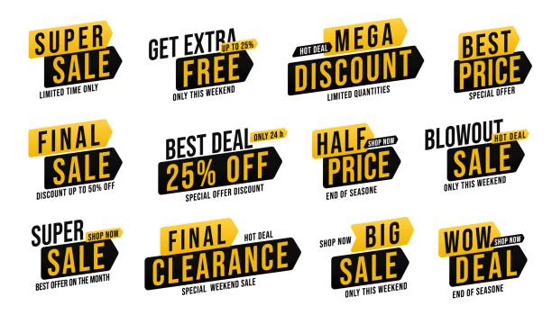Super sale blowout promotion sticker big isolated set Super sale blowout promotion sticker big set with wow deal. Get extra free up to 25 percent off badge, best and half price label, special offer discount tag for marketing campaign vector illustration sale stock illustrations