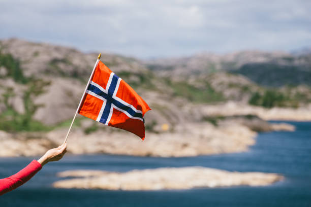 istock Tourist with norwegian flag on sea coast 1316793380