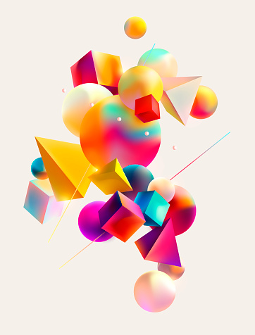 Colorful 3D geometric shapes on white background. Abstract vector composition.
