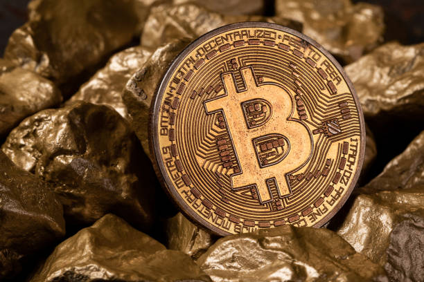 Bitcoin coin with gold Bitcoin cryptocurrency with gold nuggets. Investment and store of value concept. SLOVENIA, LJUBLJANA: 12 April 2021 hara btc stock pictures, royalty-free photos & images