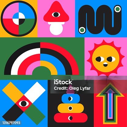 istock Seamless pattern with simple geometric minimalistic abstract shapes and figures. Mosaic texture in complementary bright and black colors. Contemporary trendy bauhaus and czech style endless print. 1316797093