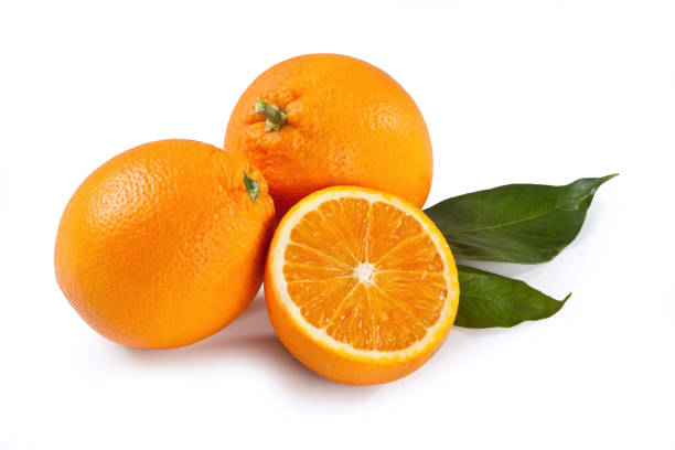 Oranges, Isolated on White Background – Group of Navel Cultivar, Cut Open Half and Whole Group Oranges, Isolated on White Background – Group of Navel Cultivar, Cut Open Half and Whole Group, Macro Close Up on Pulp, Skin and Pores, Leaves – High Resolution Detail, Seedless navel orange photos stock pictures, royalty-free photos & images
