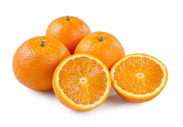 Oranges, Isolated on White Background – Group of Navel Cultivar, Cut Open Half and Whole Group Oranges, Isolated on White Background – Group of Navel Cultivar, Cut Open Half and Whole Group, Macro Close Up on Pulp and Pores – High Resolution Detail, No Seeds navel orange photos stock pictures, royalty-free photos & images