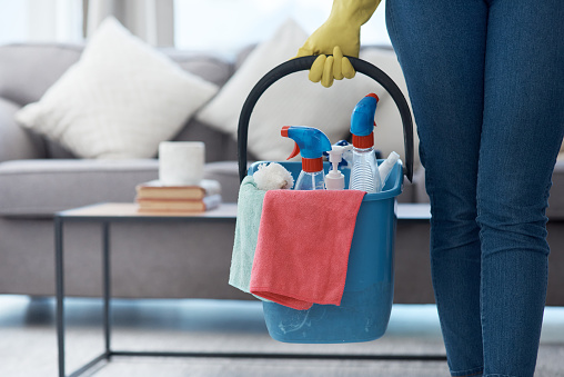 Shot of an unrecognizable woman holding a bucket of cleaning detergent before mopping her floors at home