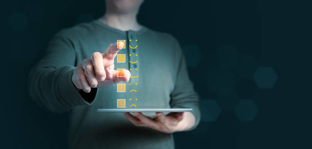 istock Excellent survey rating pressing on five star by man client. Panoramic of Customer satisfaction survey concept with copy space 1316801166