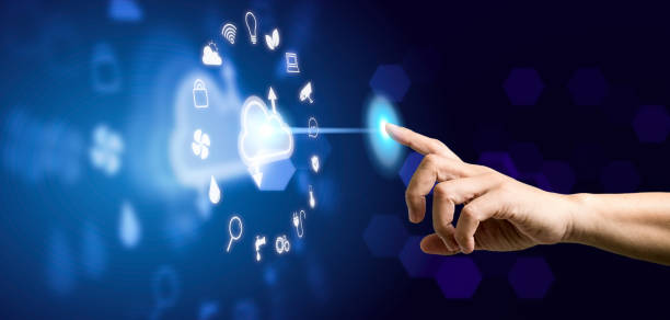 istock Man controlling smart home automation assistant on as a virtual screen. Smart home concept 1316801234