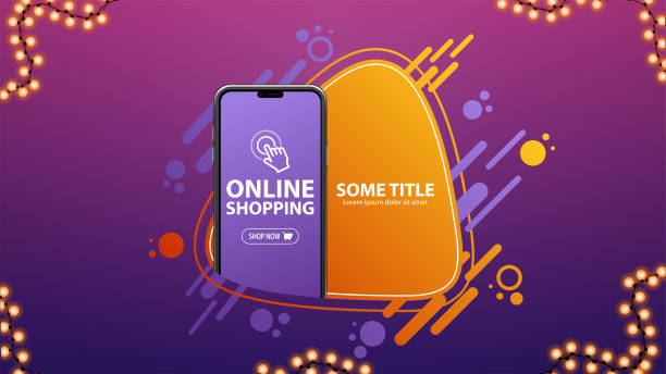 オンラインショッピング、抽象的な形状と画面上のボタン付きの大きなスマートフォンと紫とオレンジのバナー。あなたの創造性のためのテンプレート - purple circle frame design点のイラスト素材／クリップアート素材／マンガ素材／アイコン素材