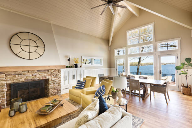 istock Modern Living Room Home Interior Design with fireplace and Television 1316802402