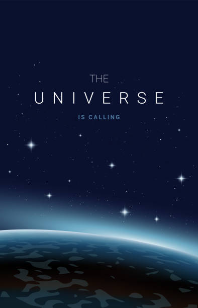 istock Vector open space vertical illustration of blue planet with light and stars on dark color background, template banner 1316802517