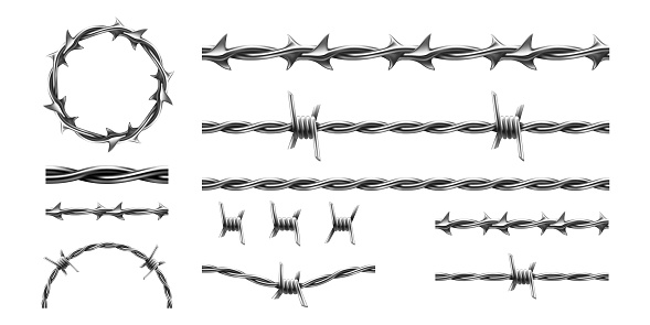 Realistic barbed wire. Prison metal fence elements. 3d steel military border. Jail protective barrier. Various types set of metallic cables with thorns. Vector intertwined of lines, boundary template