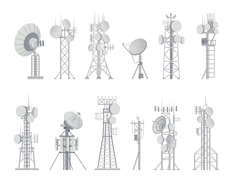 Wireless antenna. Analog aerial communication receiver. Connection and broadcast metal constructions set. Isolated digital equipment for signal or data transmission. Vector internet or cellular towers