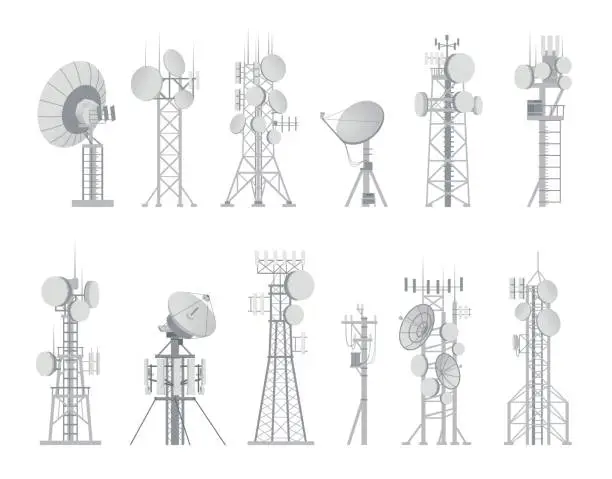 Vector illustration of Wireless antenna. Analog aerial communication receiver. Connection and broadcast constructions set. Digital equipment for signal or data transmission. Vector internet or cellular towers