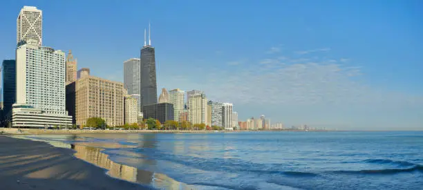 Day time panoramic view of the Chicago skyline, lake Michigan and the Ohio street beach.