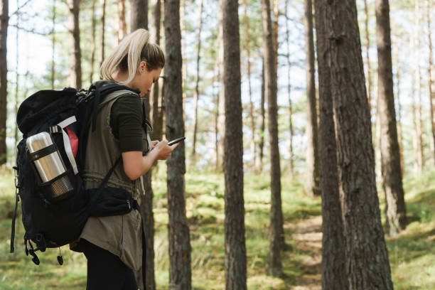istock Female hiker is using smartphone for navigation in green forest 1316805605