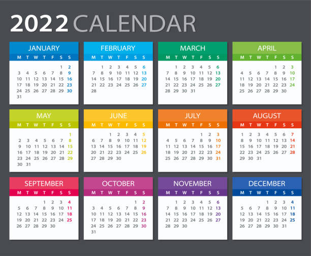 2022 Calendar - vector illustration. Monday to Sunday Vector template of color 2022 calendar - Monday to Sunday calendar 2022 stock illustrations