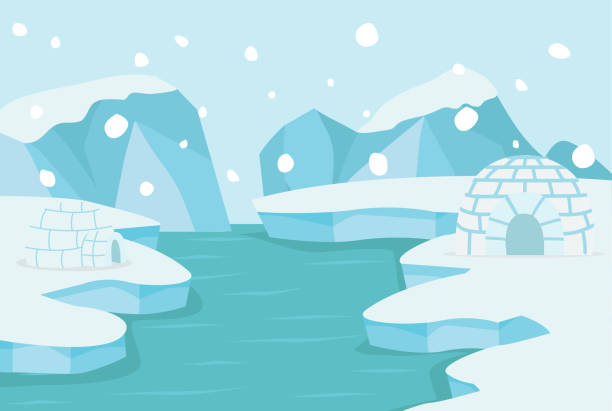 North pole Arctic landscape with ice igloo North pole Arctic landscape with ice igloo background houses in antarctica stock illustrations