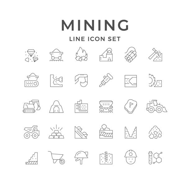 Set line icons of mining industry Set line icons of mining industry isolated on white. Trolley, gem stone, gold, conveyor, dumper, helmet, career or quarry, excavator, wheelbarrow, miner, jackhammer, cave. Vector illustration mining natural resources stock illustrations